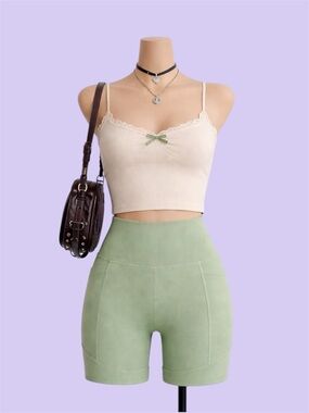 Calia by Carrie Underwood Sage Green Ribbed High-Waisted Biker Shorts Size M